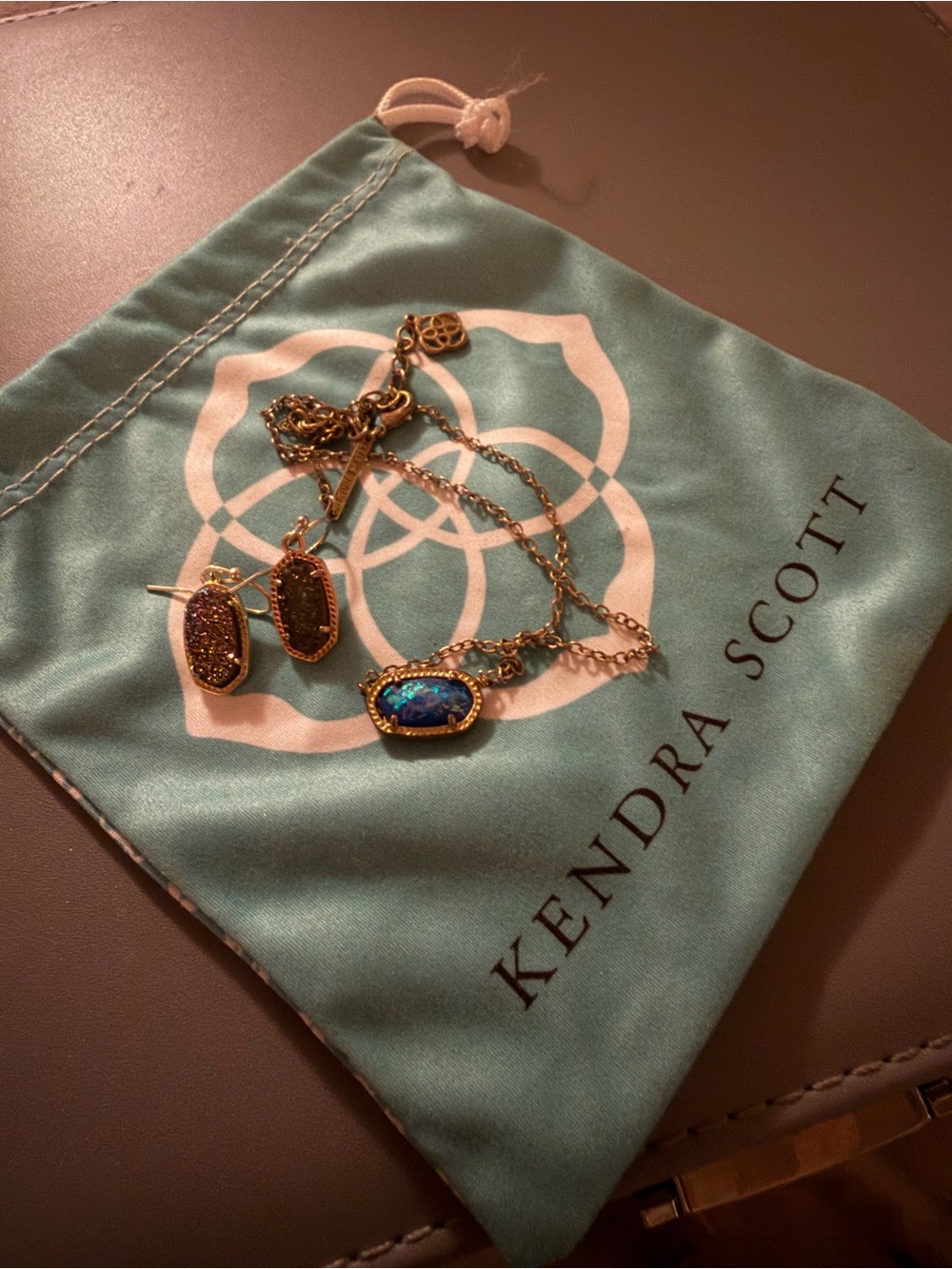 Kendra Scott Gold Necklace with Blue Opal Pendant and Brown Druzy Earrings
